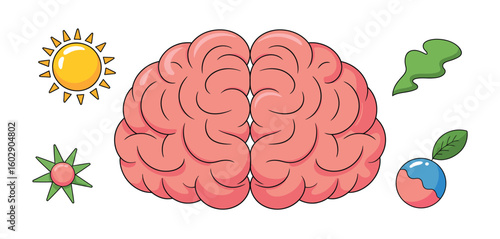 Brain health and wellness icons with sun and healthy food