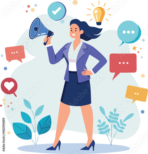 Flat illustration of a confident businesswoman with megaphone making an announcement