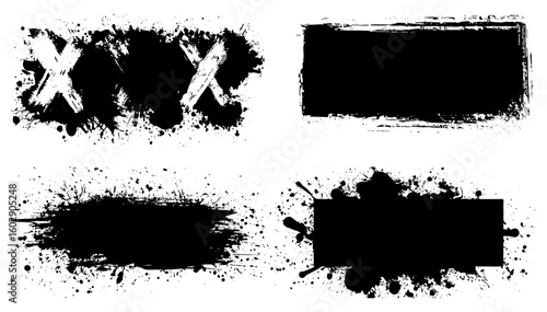 Grungy black paint stencil with ink brush splatters and textured brush strokes. Artistic dirty design elements with boxes, frames, splatter drops, blots, stains, and vector brushes