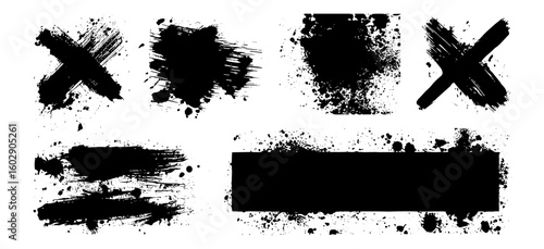 Grunge black paint stencil combined with ink splatter brushes and textured strokes. Artistic dirt stains, blots, freehand splashes, frames, and boxes for design elements. Vector