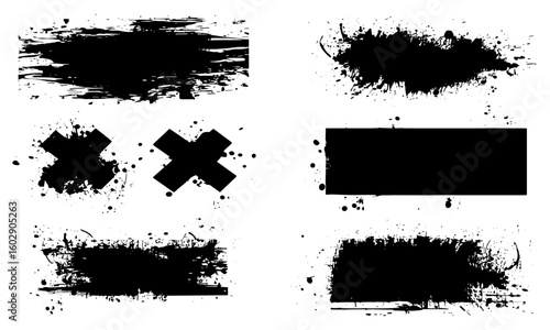 Ink brush splashes and black paint stencil with textured strokes and artistic grunge elements. Vector splatter drops, dirt stains, blots, frames, boxes for creative design, illustration