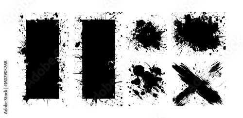 Ink brush splatters and paint stencil with grunge splashes. Artistic dirty design elements including frames, boxes, stains, blots, and textured brushes. Vector illustration