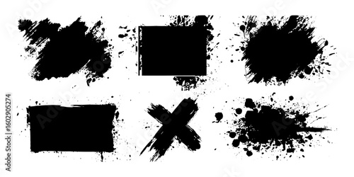 Black paint stencil art with ink splashes and brush strokes. Grimy textured brushes, dirt stains, blot effects, boxes, and frames for creative compositions. Vector brushstroke elements