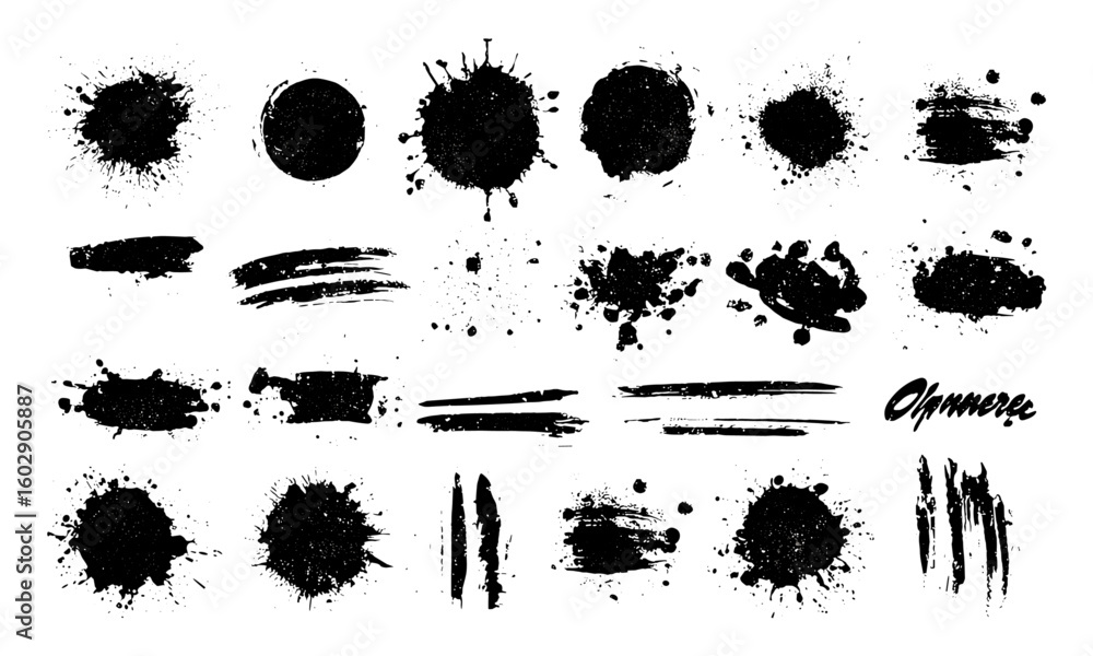 Spray graffiti brush strokes and black paint splatter collection with ink blotches, stencil design elements, curved lines, grunge texture, isolated vector shapes for artistic and urban projects