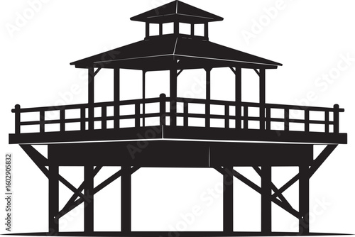 Wooden Ferry Bridge Silhouette in Black | Rustic River Crossing Illustration Vector Format
