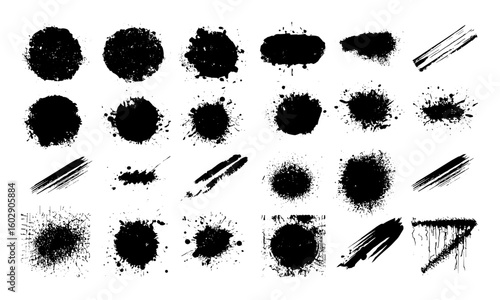 Vector splatter paint blotches, black ink brush strokes, spray graffiti stencil templates, round grunge design elements, isolated brush lines, texture, frame, banner, background, urban style