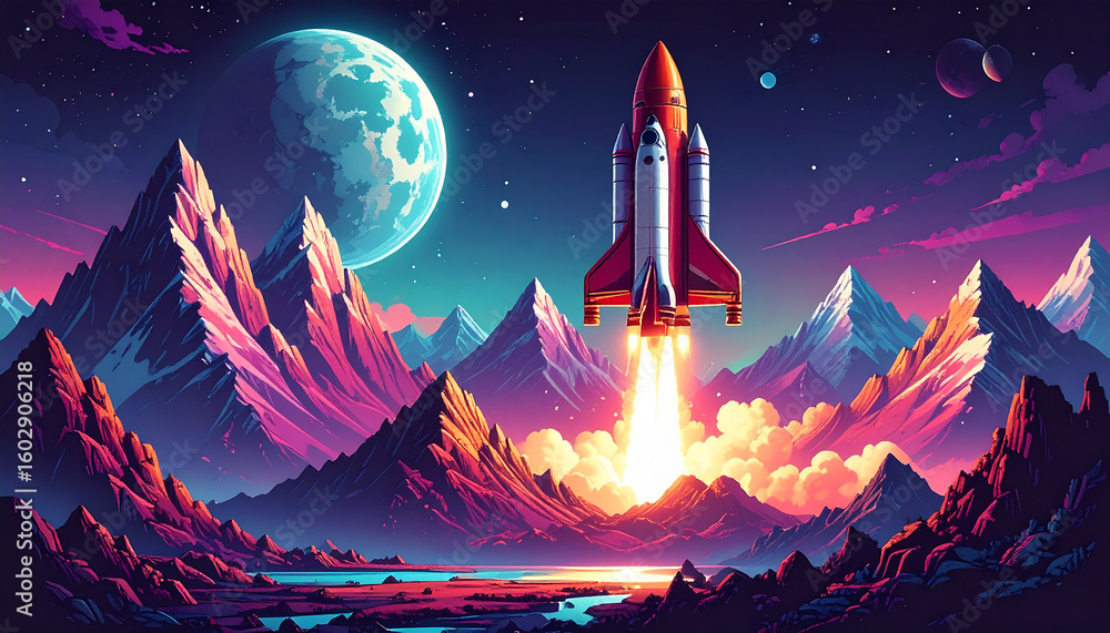 Fototapeta premium A vibrant rocket launch scene in a mountainous landscape 