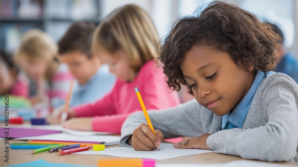 Children Focused on Drawing in Classroom Children Focused on Drawing in Classroom