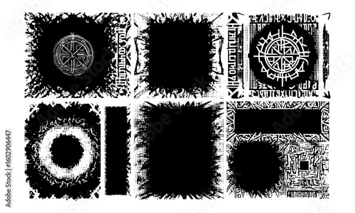 Neo-tribal cyber sigilism overlay texture set for album covers, vinyl, and posters. Halftone vector stamps with gothic patterns, abstract bone frames, metal tattoo art, and grunge elements