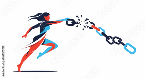 Powerful Woman Breaking Chains Vector Illustration, Symbolizing Freedom, Female Empowerment, Women's Rights, and Gender Equality