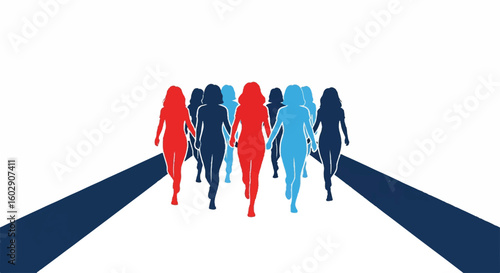 Empowered women silhouettes march forward, symbolizing unity, diversity, and progress. Ideal for Women's Equality Day and female leadership.