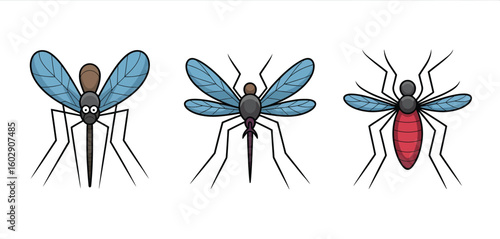 Three cartoon mosquitoes with blue wings and varied body colors