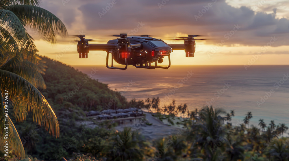 Obraz premium A sleek drone taxi gracefully hovers above a tropical island landing pad, with palm trees framing the view and a vibrant sunset casting warm hues over the ocean below. Air mobility redefined