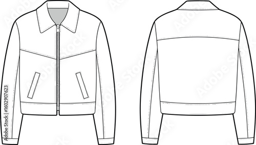Flat sketch of women's cropped jacket with zipper front, long sleeves, collar detail, fashion design template, technical drawing, vector
