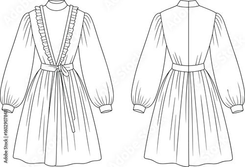 Vintage midi dress with ruffle trim, V-neck, long sleeves, waist tie belt, fashion flat sketch for costume design