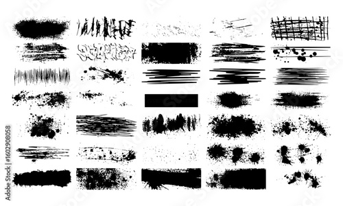 Complete collection of detailed grunge textures including brush strokes, stencil lines, spray graffiti, ink splashes, and paint splatter. Vector isolated box with distressed effects, messy strokes
