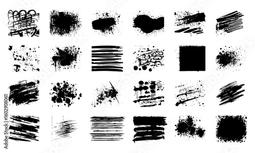 High detail grunge textures pack with spray graffiti, ink splashes, brush strokes, stencil lines, and paint splatter. Isolated vector graphics with distressed, messy, artistic effects