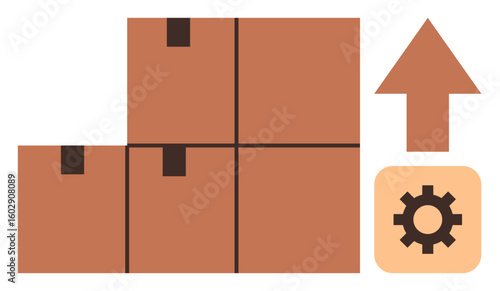 Stacked brown boxes next to an upward arrow and gear icon, representing growth, shipments, and system optimization. Ideal for logistics, delivery, workflow, success, shipping development process