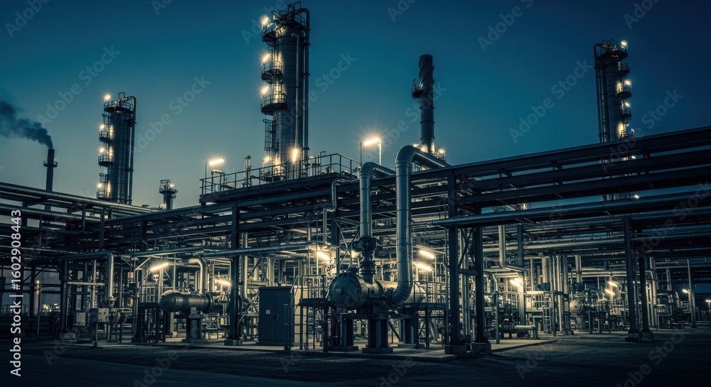 custom made wallpaper toronto digitalTechnological industrial site with refinery equipment and pipelines in low light.