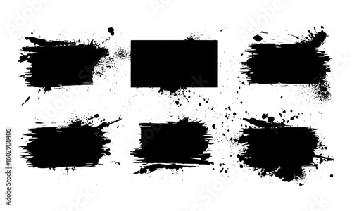 Dirty paintbrush strokes with splashes and blot drops. Artistic ink grunge border with rough brush effects, splattered stains, textured watercolor elements, and bold black brushstroke shapes.