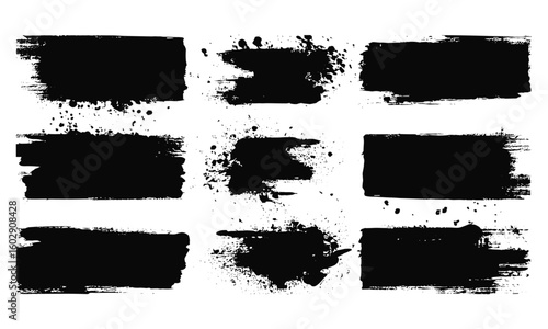 Black ink paint splatter and brushstroke collection with grunge textures. Rough artistic brush effects featuring dirt stains, drops, smears, calligraphy lines, and creative paint splashes.