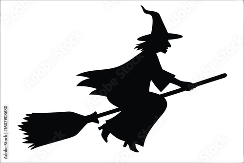 witch, silhouette, black, halloween, spooky, magic, dark, shadow, scary, art, evil, horror, haunted, mystical, ghost, flying, broomstick, costume, white, background, illustration, eerie, night, moon, 