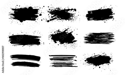 Grunge ink brushstroke vector set with paintbrush splashes, dirty artistic splatter, blots and stains. Abstract textured ink design elements with messy drops, splash, graffiti, background