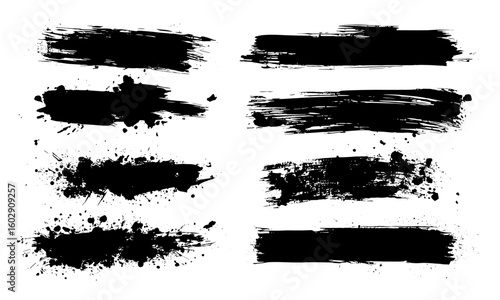 Vector black ink brush strokes with grunge splatter, dirty stains, paint splashes, and blot drops. Artistic textured backgrounds, calligraphy blobs, graffiti effects, abstract shapes