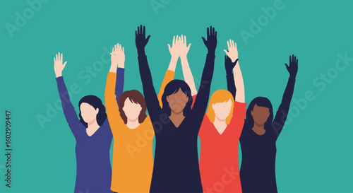 Diverse women united, raising hands in celebration of equality and empowerment. Group of multicultural females supporting women's rights.