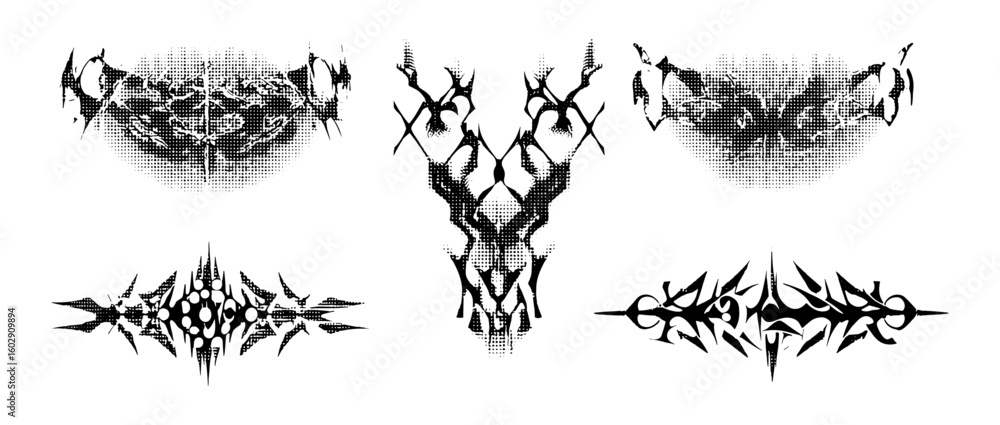 Obraz premium 3D neo-tribal digital art collection with halftone gothic tattoo graphics, cyber sigilism, and ornamental modern designs. Futuristic cyber tribal vector for fashion, metal, music