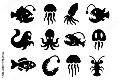 Silhouette deep sea creatures collection: anglerfish, octopus, jellyfish, and more