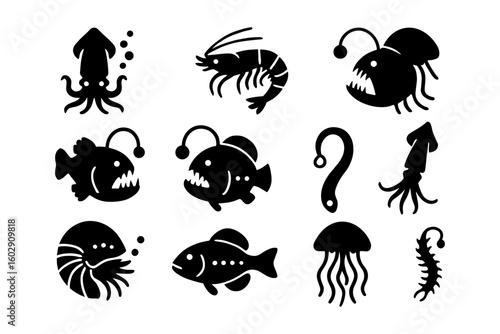 Silhouette deep sea creatures set with fish, squid, shrimp, and jellyfish elements