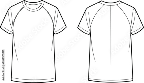 Technical flat sketch of short sleeve raglan t-shirt front and back, fashion vector template, blank apparel outline, clothing design