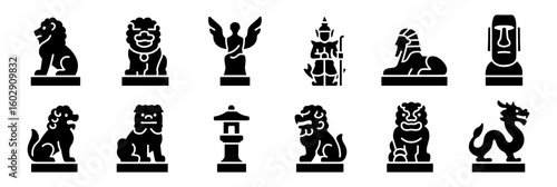 Silhouette icons of mythical statues and eastern sculptures
