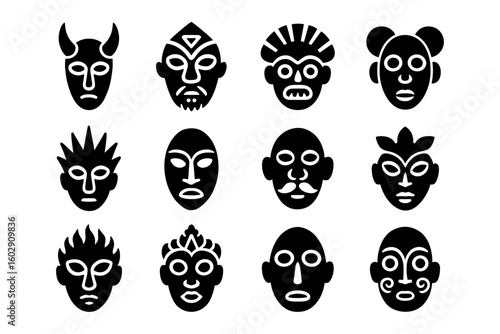 Silhouette tribal masks collection with diverse designs and cultural elements