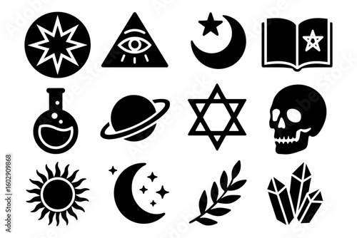 Mystical icons set: celestial, alchemy, and occult symbols in bold silhouette style