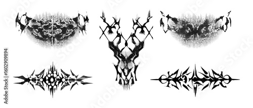 3D neo-tribal digital art collection with halftone gothic tattoo graphics, cyber sigilism, and ornamental modern designs. Futuristic cyber tribal vector for fashion, metal, music