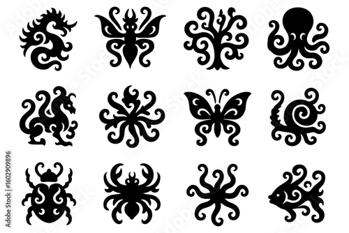 Intricate silhouette designs of mythical creatures and animals