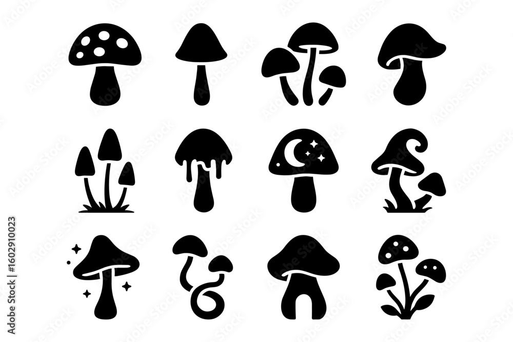 Silhouette mushroom icons collection for nature and fantasy designs Silhouette mushroom icons collection for nature and fantasy designs