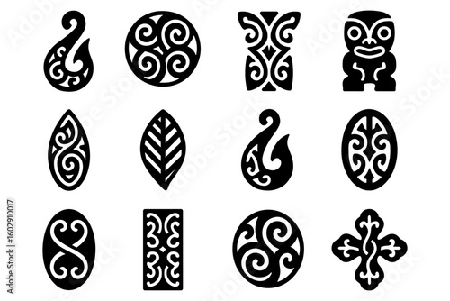 Maori art designs: collection of traditional intricate patterns and symbols
