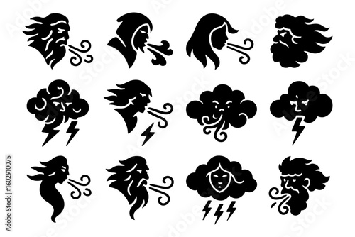 Silhouette icon set of weather deities blowing wind and storm symbols
