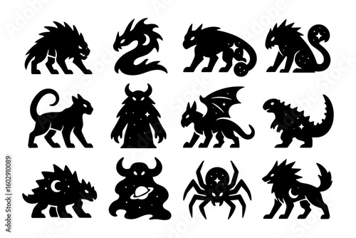 Set of mythical creature silhouettes with cosmic patterns