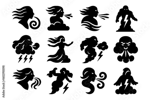 Silhouette icons of mythical wind and storm deities depicting elements and forces of nature