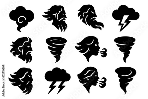 Mythical weather icons: thunder, wind, and storm elements in silhouette style