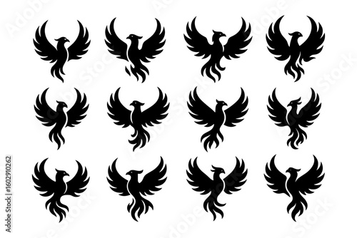 Silhouette phoenix set: majestic bird icons with bold black design