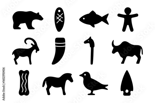 Silhouette icons of wildlife and ancient tools for creative projects