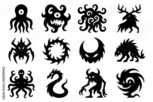 Silhouette collection of mythical and monstrous creature icons for halloween design