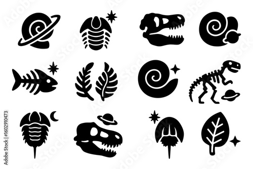 Bold dinosaur and prehistoric fossils icons with celestial elements