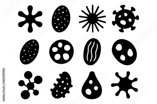 Abstract microorganism shapes collection in black silhouette style