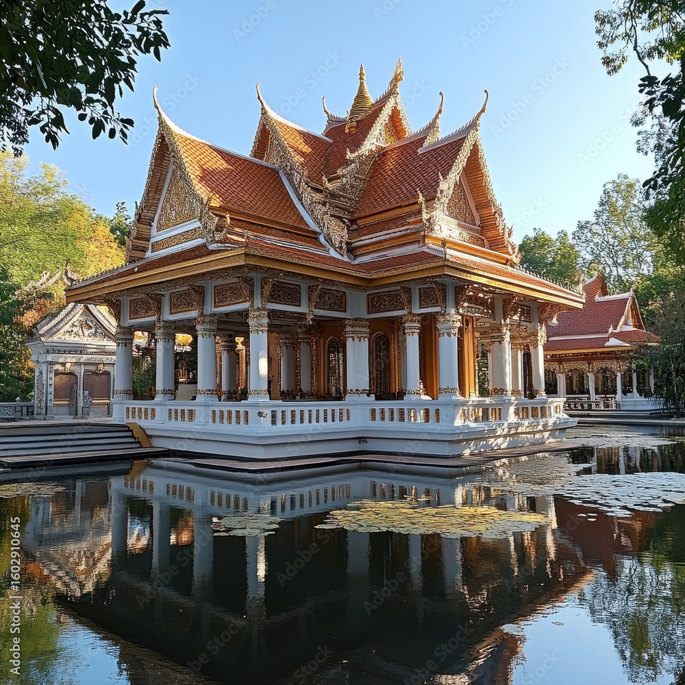 Naklejka premium Serene Thai Pavilion Reflected in Calm Water
